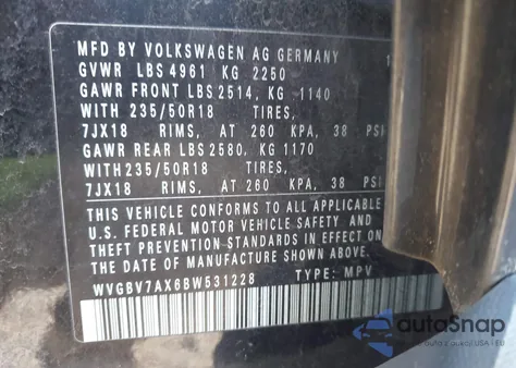 2011 Volkswagen Tiguan Se z USA, uszkodzony, nr VIN WVGBV7AX6BW531228